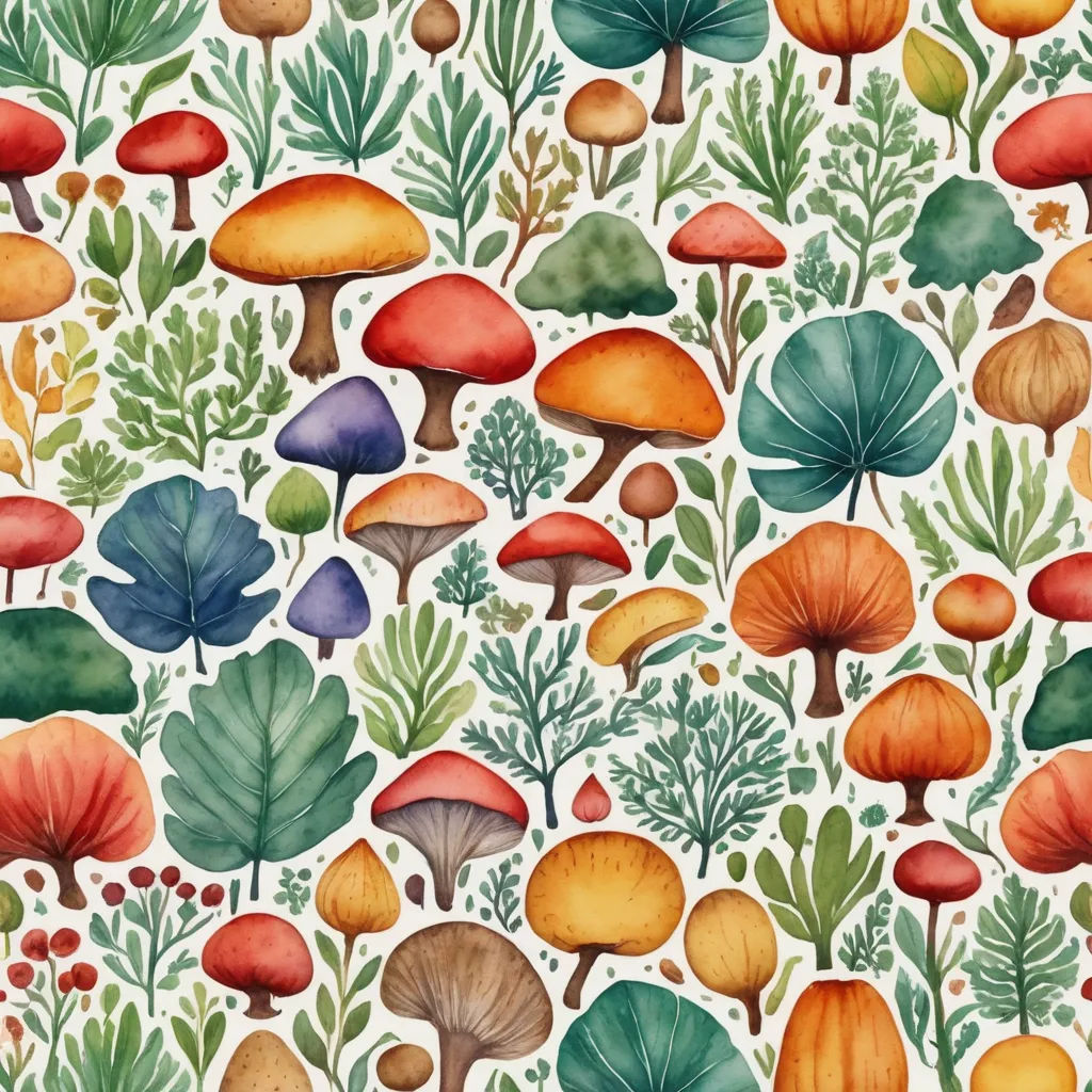 a painting of many different types of mushrooms and leaves on a white background with green leaves and red mushrooms, funk art, a detailed painting, Claire Hummel, forest