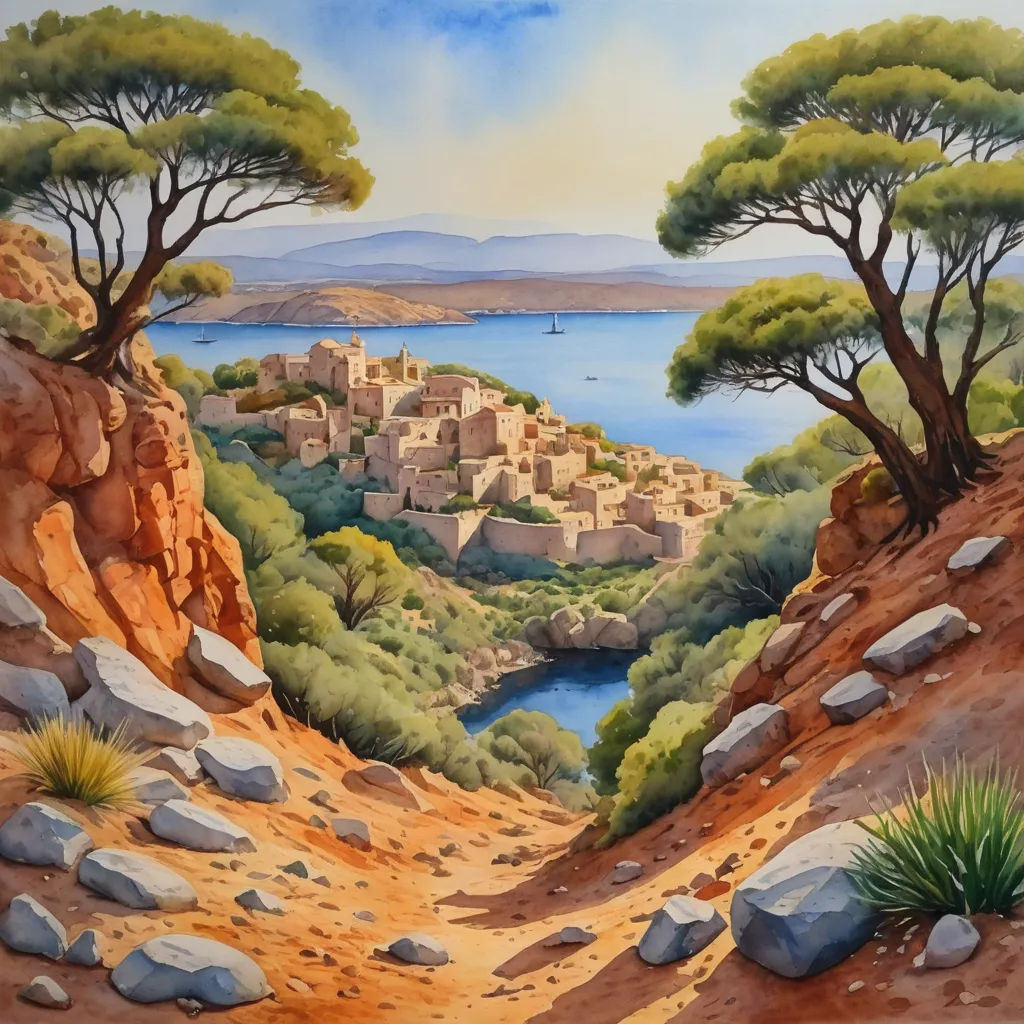 a painting of a landscape with a river and a village on the side of a hill with trees and rocks, figurative art, an airbrush painting, Ernst Thoms, landscape