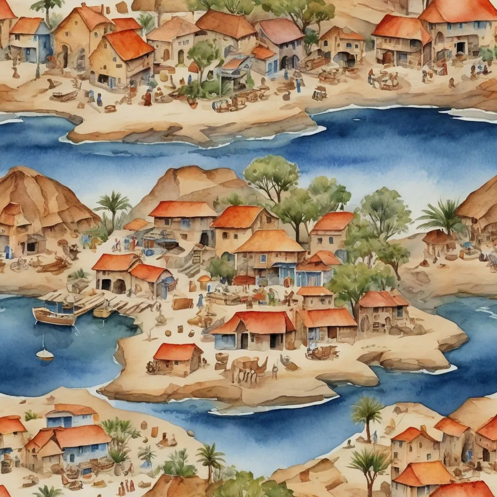 a painting of a village on a beach with a boat in the water and a lot of houses on the shore, naive art, a detailed painting, Colin Middleton, detailed painting