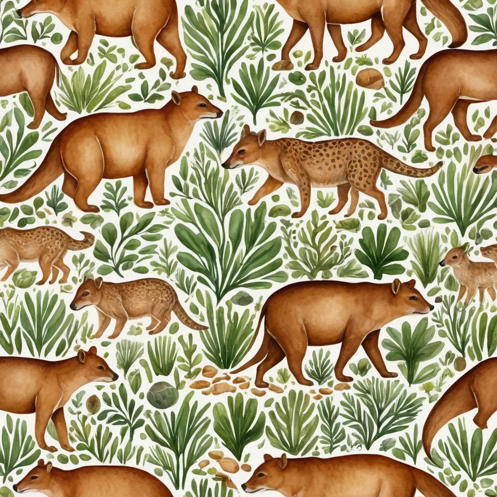 a pattern of brown bears and other animals in a forest of green plants and leaves on a white background, arts and crafts movement, a storybook illustration, Annabel Kidston, in gouache detailed paintings