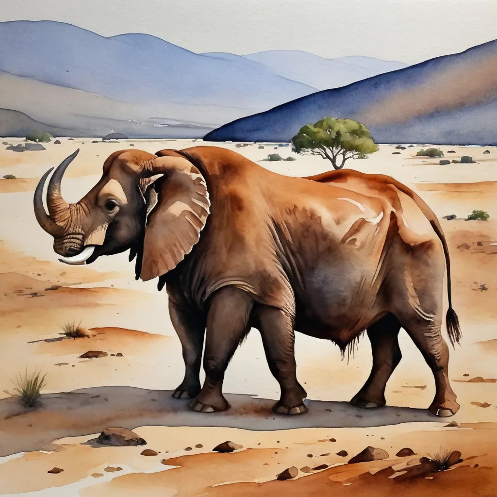 a painting of an elephant in a desert with mountains in the background and a tree in the foreground, figurative art, an airbrush painting, Arie Smit, in gouache detailed paintings