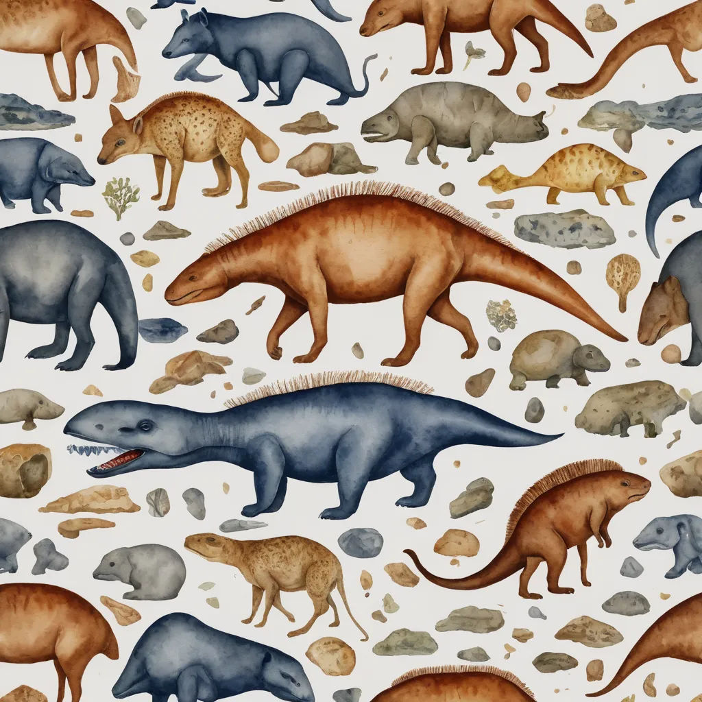 a pattern of various dinosaurs and other animals on a white background with rocks and pebbles in the foreground, primitivism, a storybook illustration, Chris LaBrooy, detailed illustration