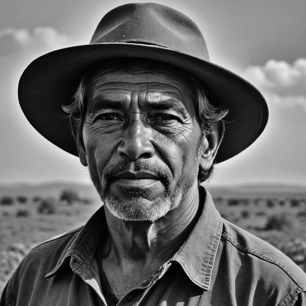 a man with a hat on standing in a field of grass and dirt with a sky background and clouds, photorealism, a character portrait, Eddie Mendoza, portrait photography