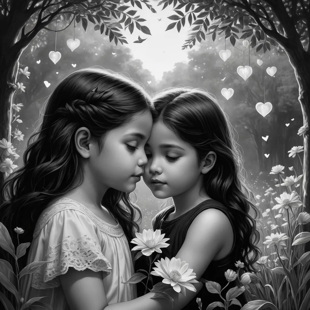 two little girls are hugging each other in a forest with flowers and hearts hanging from the trees behind them, gothic art, an ultrafine detailed painting, Anne Stokes, highly detailed digital painting
