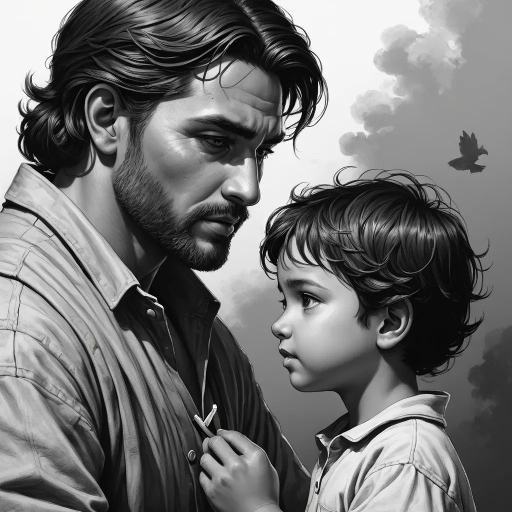 a man and a child are standing together in front of a painting of a man and a child with a bird, figurative art, an ultrafine detailed painting, Charlie Bowater, stanley artgerm lau