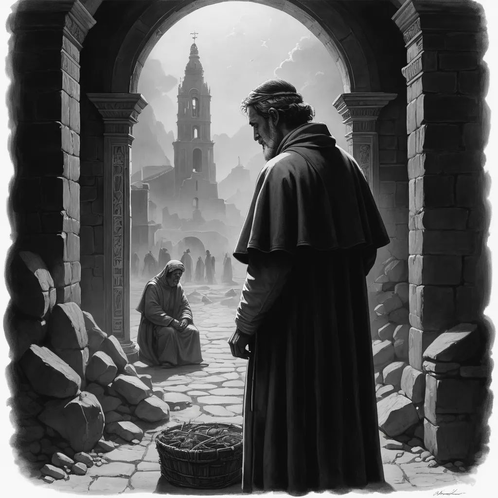 a man standing in a doorway with a basket of food in front of him and another man sitting on the ground, fantasy art, an ultrafine detailed painting, Christophe Vacher, matte fantasy painting