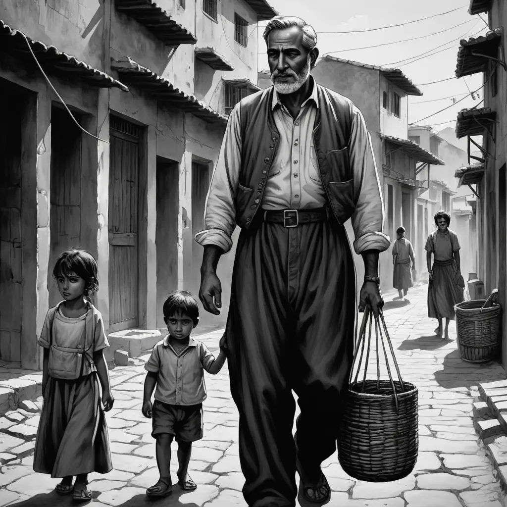 a man walking down a street with two children holding a basket and a man holding a child's hand, figurative art, an ultrafine detailed painting, Fikret Muallâ Saygı, matte drawing