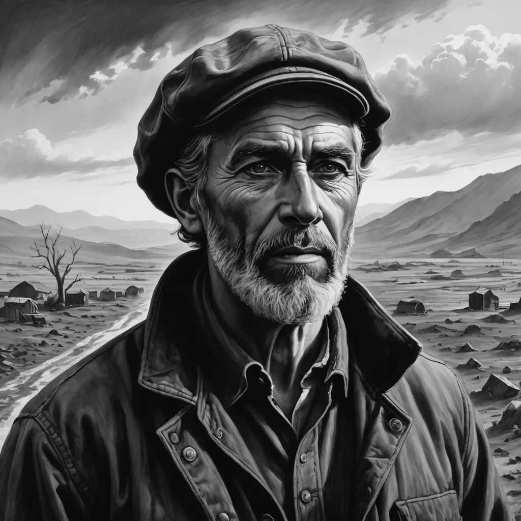 a man with a hat and a beard in a black and white photo with a mountain background and a cloudy sky, figurative art, an ultrafine detailed painting, Bedwyr Williams, pj crook