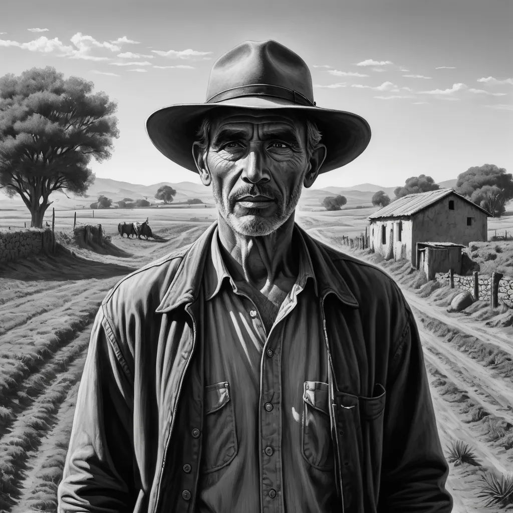 a man in a hat standing in a field with a horse behind him and a tree in the background, photorealism, an ultrafine detailed painting, Aaron Jasinski, highly detailed digital painting
