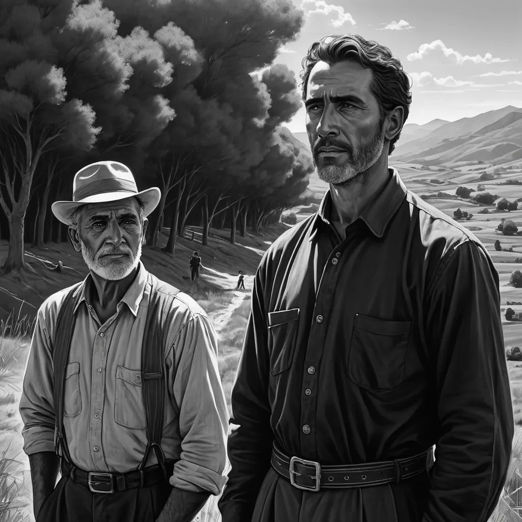 a painting of two men standing next to each other in a field with a train on the tracks in the background, socialist realism, an ultrafine detailed painting, David Palumbo, official art