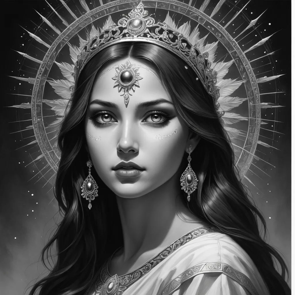 a woman with a crown on her head and a halo around her head, wearing a tiara and earrings, gothic art, an ultrafine detailed painting, Charlie Bowater, trending on art station