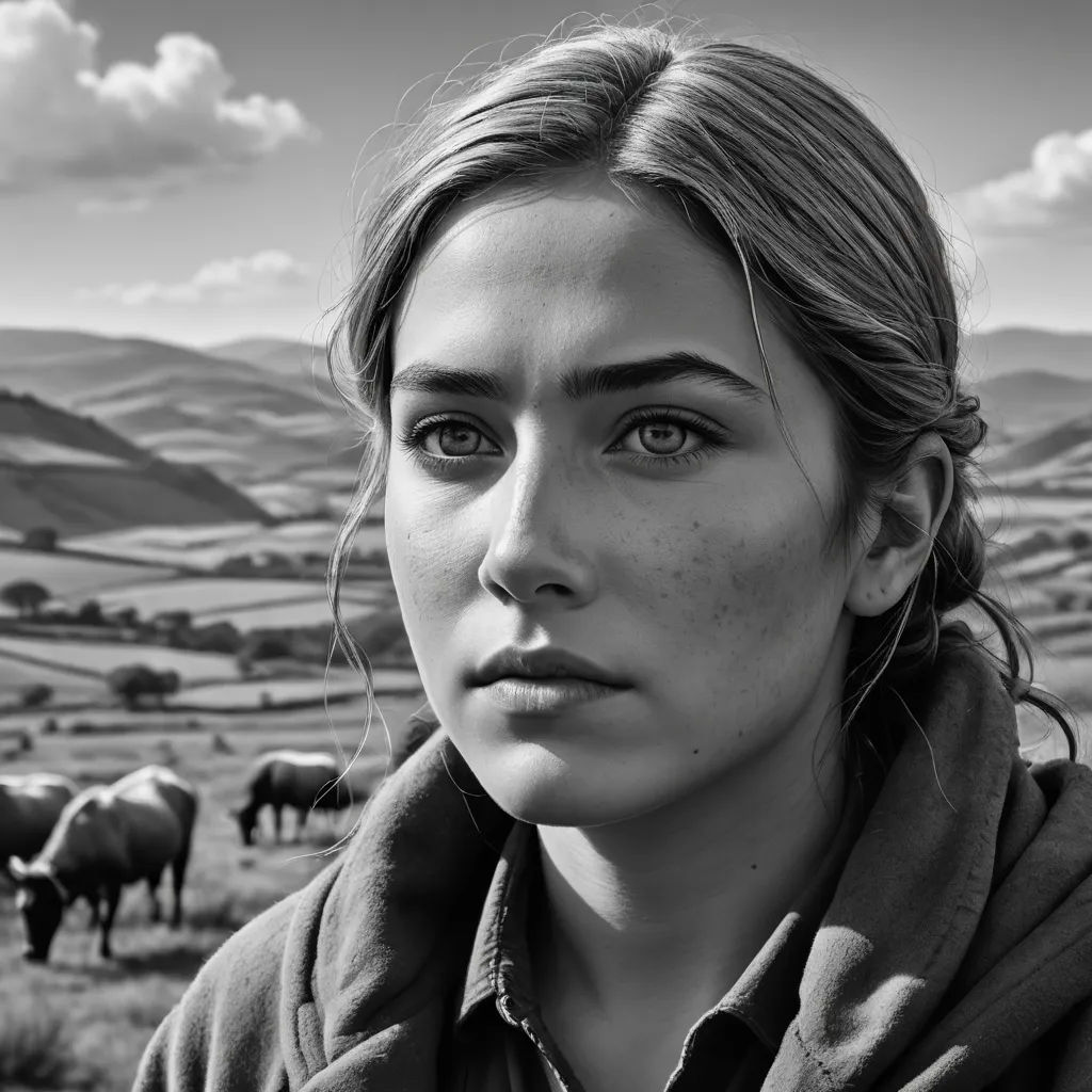 a woman with a hoodie on looking at the camera with a herd of sheep in the background in a black and white photo, photorealism, a photorealistic painting, Ada Hill Walker, photoreal
