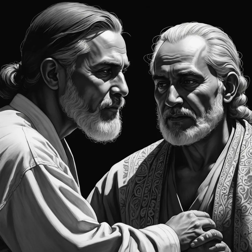 two men with long hair and beards are facing each other, one is wearing a white shirt and the other is wearing a white shirt, metaphysical painting, an ultrafine detailed painting, Drew Struzan, highly detailed digital painting