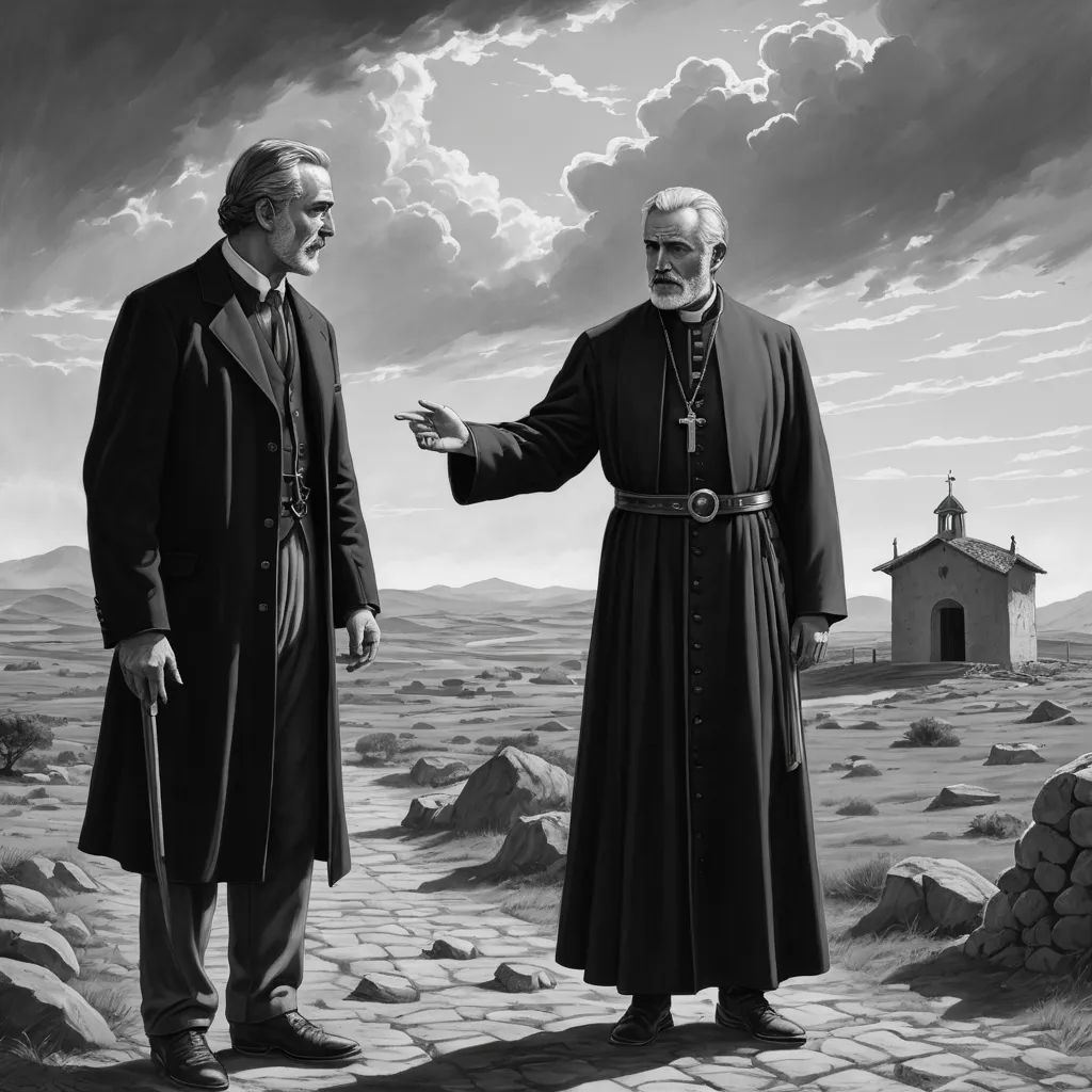 two men standing next to each other on a stone road with a church in the background and clouds in the sky, gothic art, a detailed matte painting, Alejandro Burdisio, official art