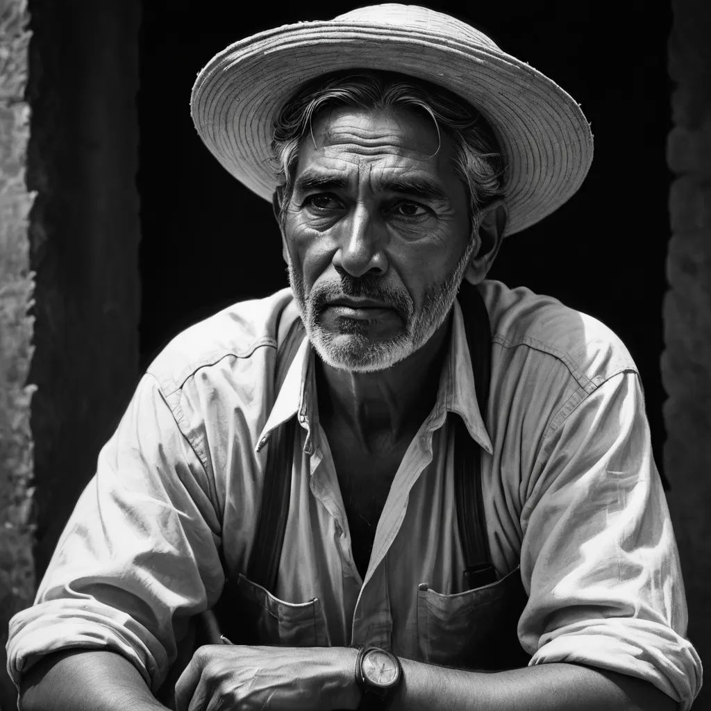 a man with a hat is sitting down with his arms crossed and his hands folded over his chest, looking at the camera, precisionism, an ultrafine detailed painting, Ettore "Ted" DeGrazia, portrait photography