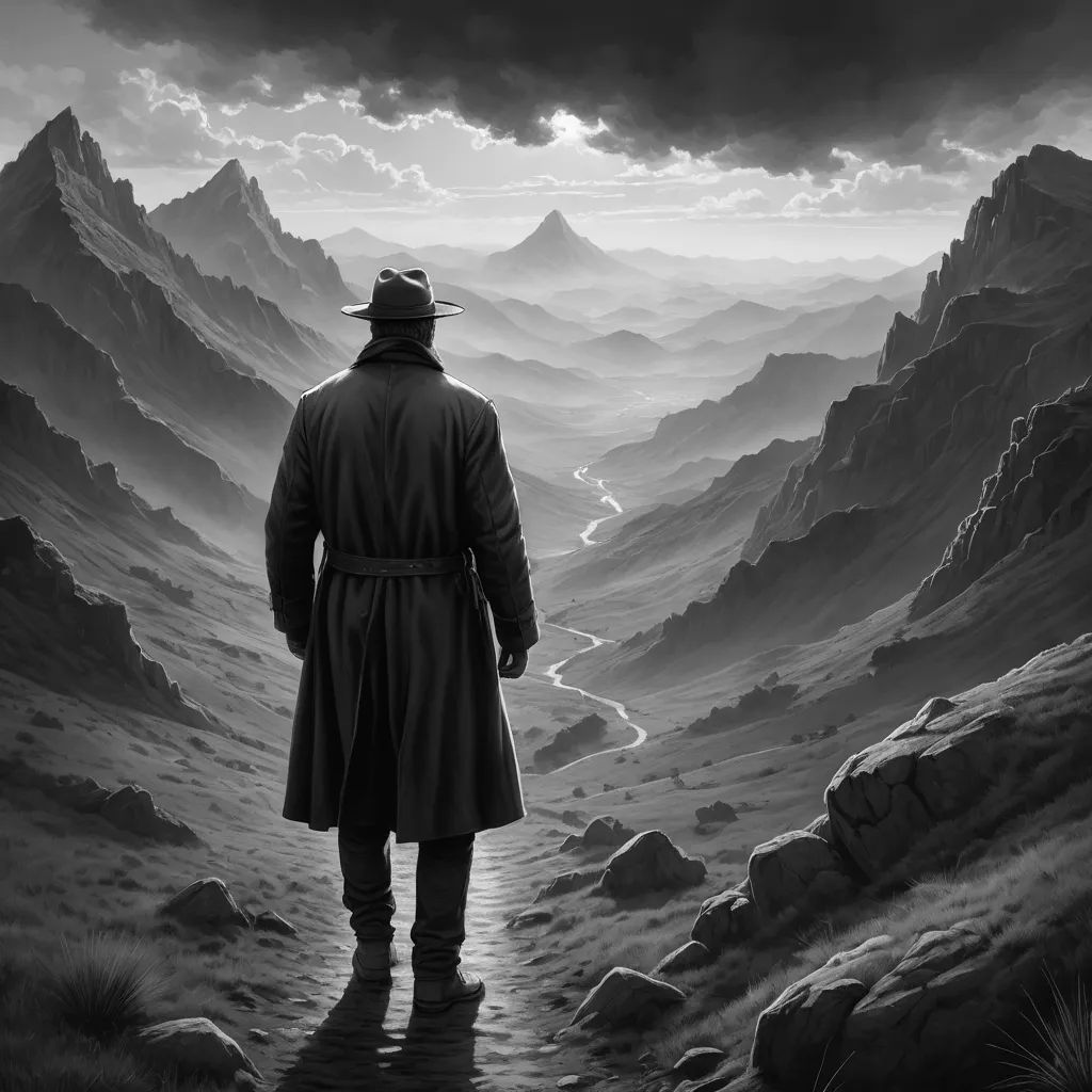 a man standing on a rocky mountain looking at a valley with a river in the distance and a dark sky, analytical art, a matte painting, Dan Mumford, matte painting
