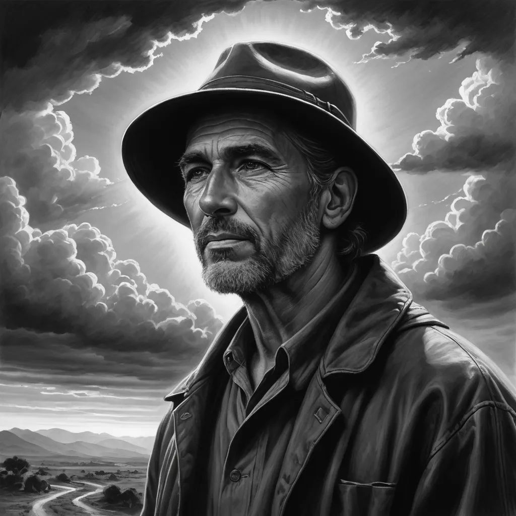 a man in a hat and a black and white photo of clouds and a road with a man in the middle, figurative art, an ultrafine detailed painting, F. Scott Hess, earl moran