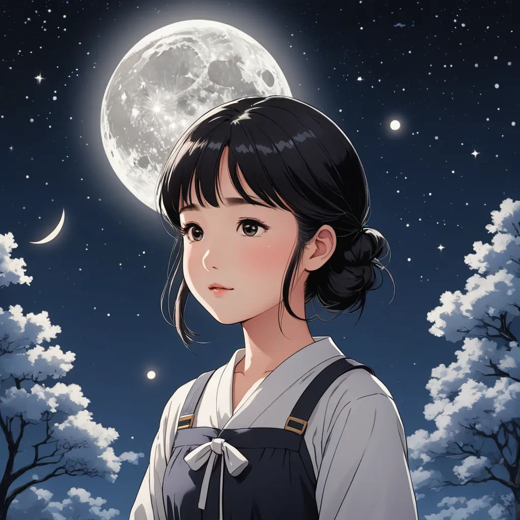 a girl with a bow in her hair standing in front of a full moon and trees with clouds in the background, fantasy art, a manga drawing, An Gyeon, moonlight