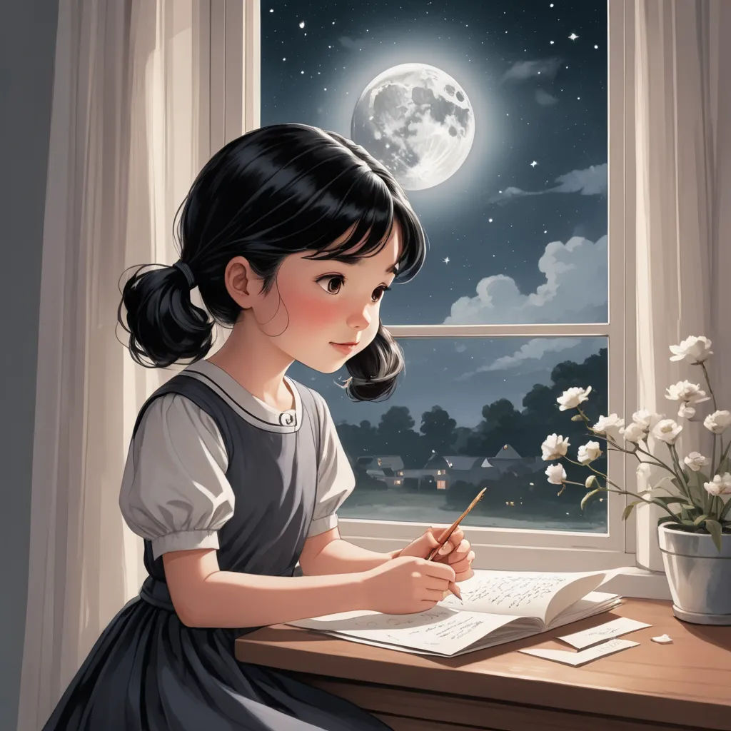 a little girl sitting at a desk writing on a book and looking out the window at the moon and stars, fantasy art, a storybook illustration, Artgerm, stanley artgerm lau