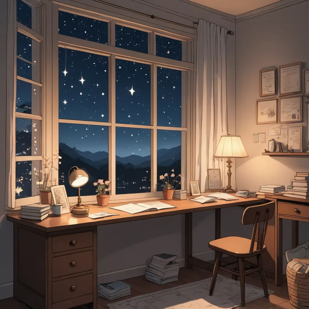 a desk with a lamp and a chair in front of a window with a view of the mountains outside, remodernism, a detailed matte painting, Evgeny Lushpin, stars