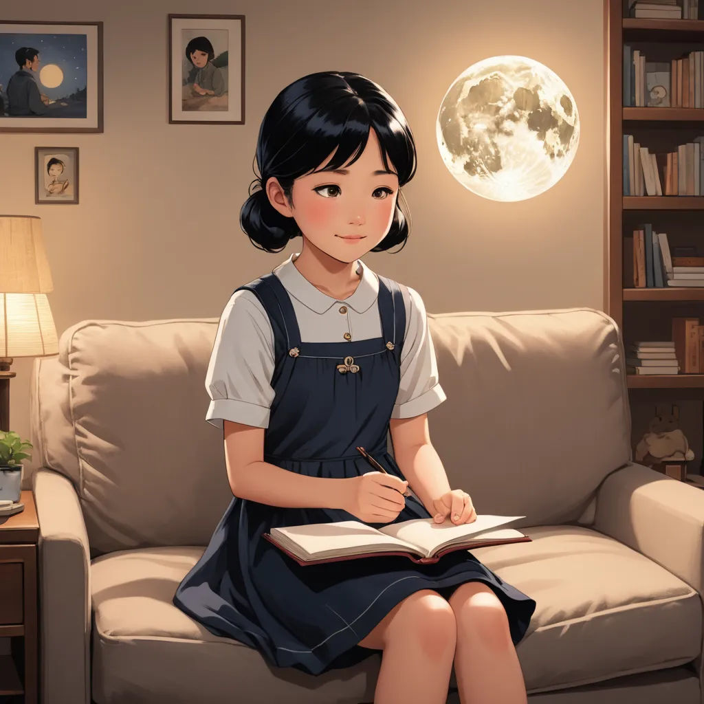 a girl sitting on a couch writing in a book with a full moon in the background and a lamp on the wall, space art, a detailed painting, Atey Ghailan, moon