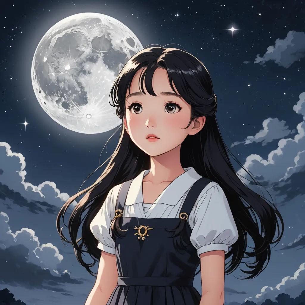 a girl in a dress standing in front of a full moon with clouds and stars in the background, with a full moon in the background, space art, a character portrait, Ayako Rokkaku, moonlight