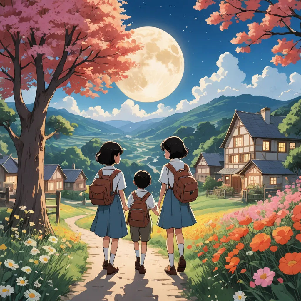 a couple of kids walking down a road with a backpack on their back and a full moon in the background, ukiyo-e, a detailed painting, Atey Ghailan, ghibli