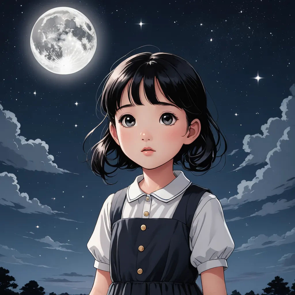 a girl in a dress standing in front of a full moon and clouds with a full moon in the background, space art, a character portrait, Ayako Rokkaku, official art