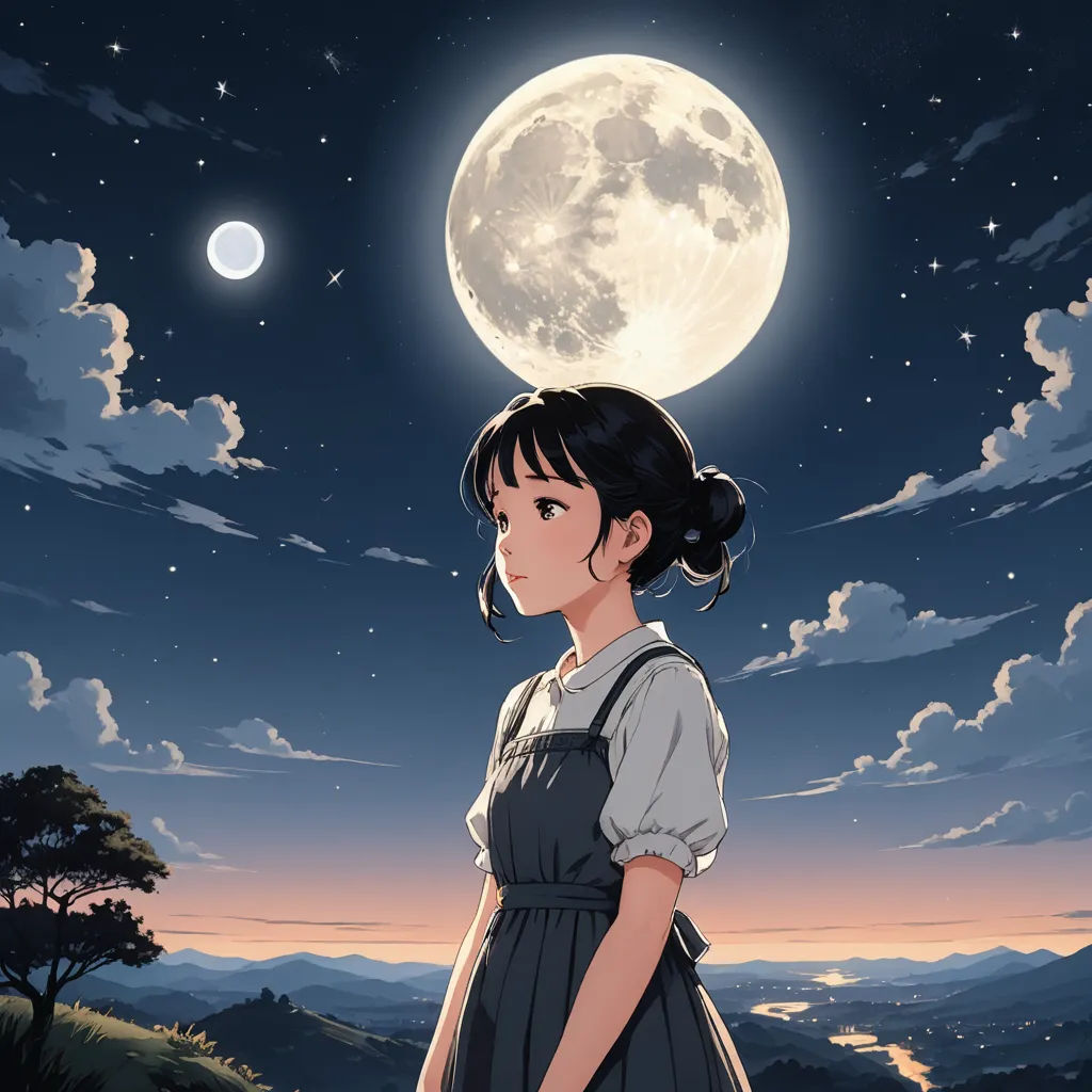 a girl in a dress standing in front of a full moon with a tree in the background and a mountain in the foreground, space art, poster art, Ayako Rokkaku, moonlight