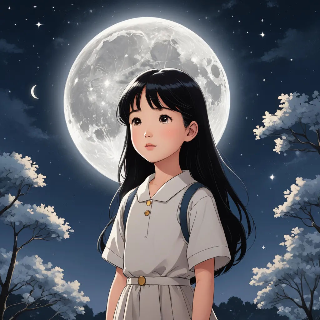 a girl in a dress standing in front of a full moon with trees and clouds in the background, with a full moon in the background, space art, a character portrait, Choi Buk, moon