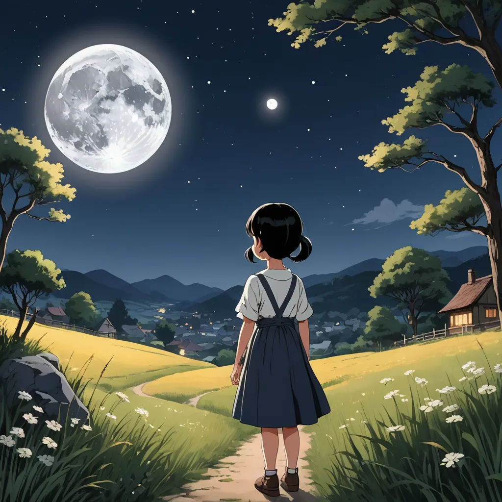 a girl looking at the moon in the night sky over a field with flowers and trees, with a house in the distance, magical realism, a detailed matte painting, Atey Ghailan, official art