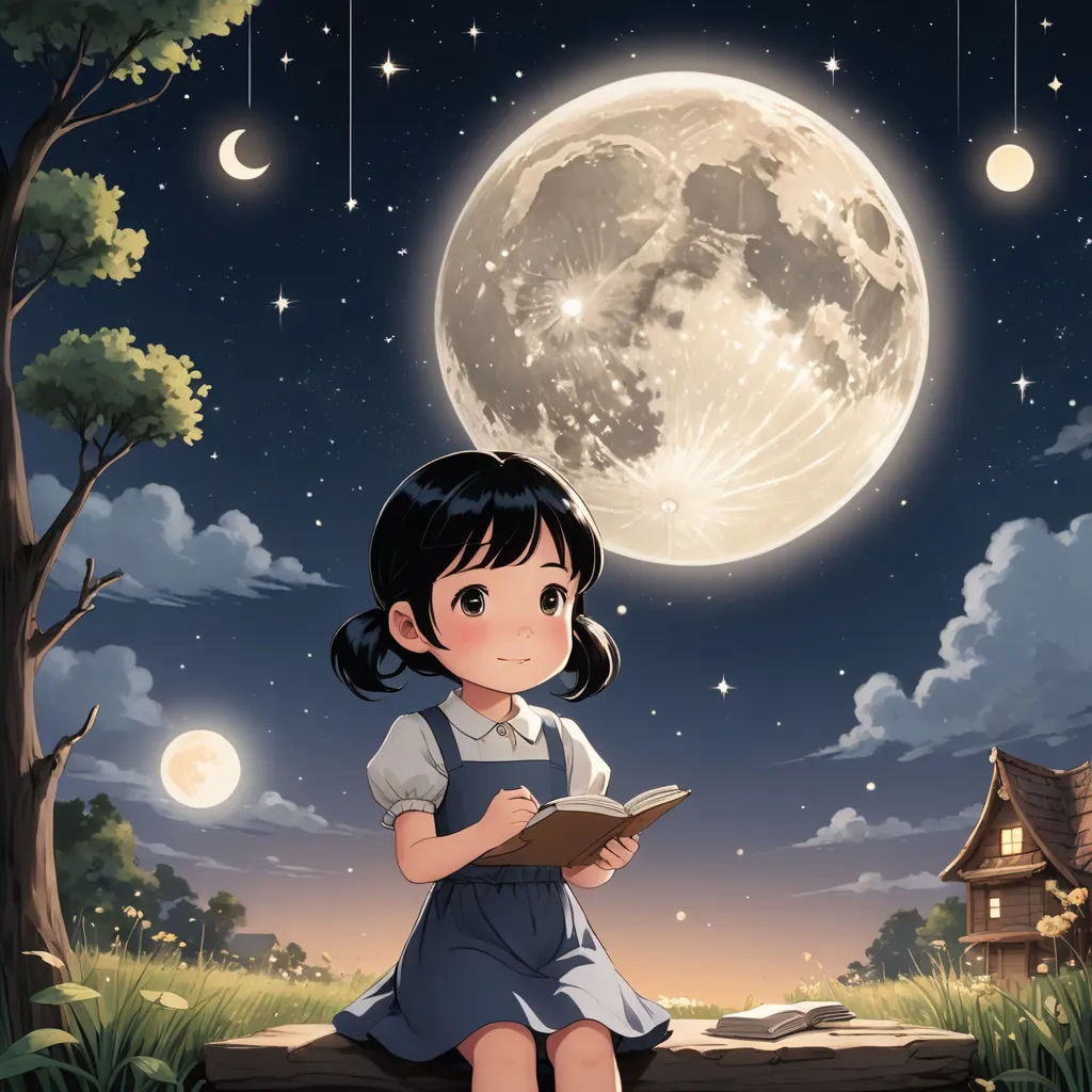 a girl sitting on a log reading a book in front of a full moon and stars sky with a tree and a house, space art, a storybook illustration, Alice Prin, moon