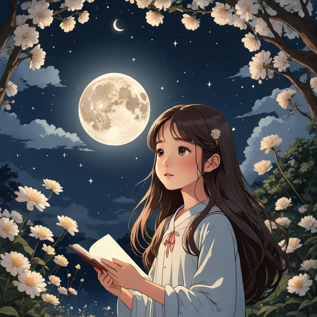 a girl reading a book in front of a full moon and flowers with a full moon in the background, fantasy art, a storybook illustration, Fan Qi, anime art