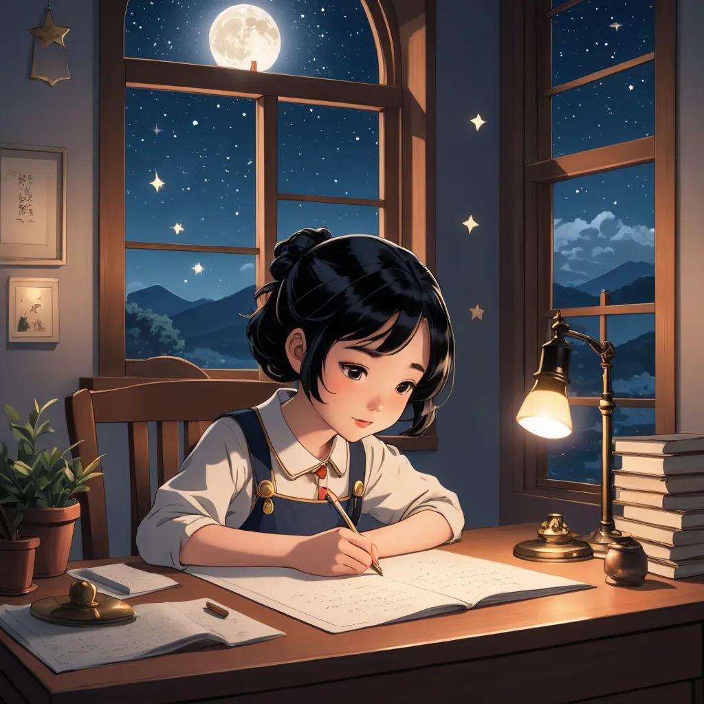 a girl sitting at a desk writing on a paper with a lamp on it and a window in the background, fantasy art, a storybook illustration, Atey Ghailan, trending on art station