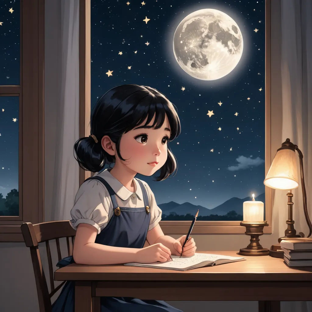 a girl sitting at a desk writing in front of a window with a full moon in the background and a lit candle on the desk, space art, a storybook illustration, Atey Ghailan, trending on art station