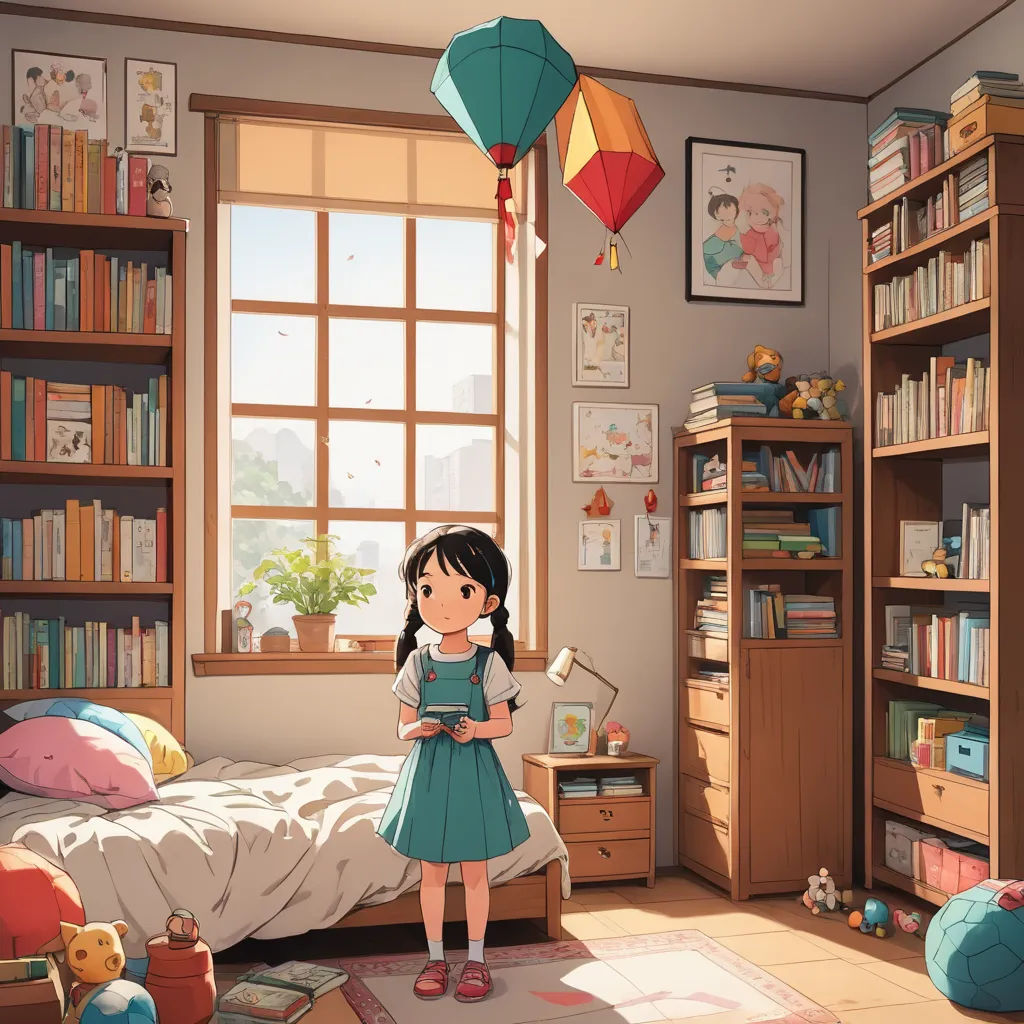 a girl standing in a bedroom with a bookcase and a bed in front of a window with a skylight, photorealism, a storybook illustration, Chris LaBrooy, ghibli