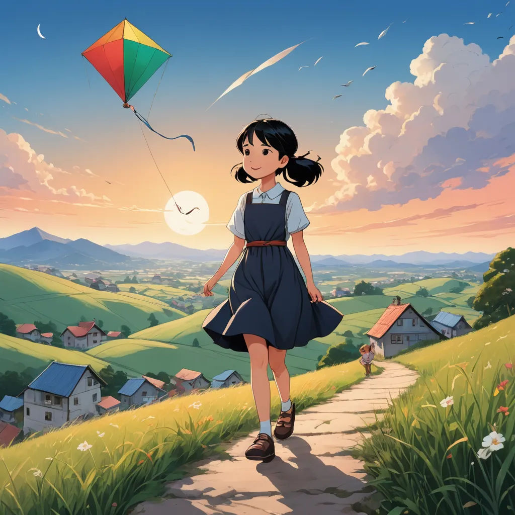 a girl in a dress is flying a kite in the sky over a rural area with houses and hills, american scene painting, a painting, Ayako Rokkaku, official art