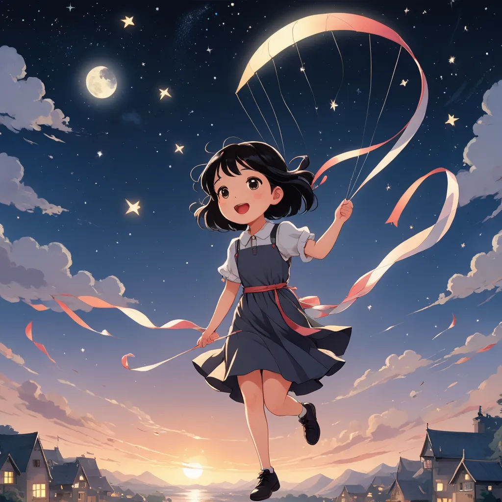 a girl flying a kite in the sky at night with a crescent and stars in the sky above her, space art, a storybook illustration, Cliff Childs, official art