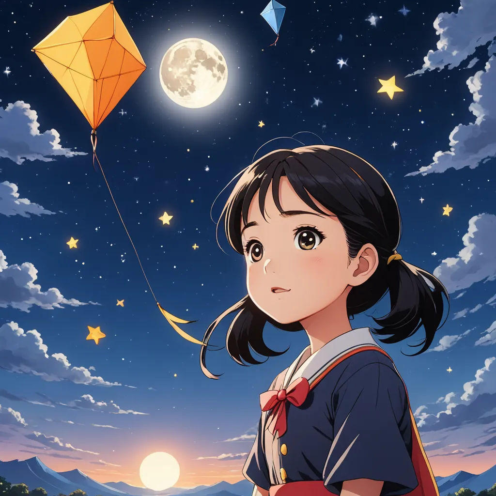 a girl flying a kite in the sky at night with a full moon in the background and stars in the sky, rayonism, poster art, Ayako Rokkaku, anime key visual