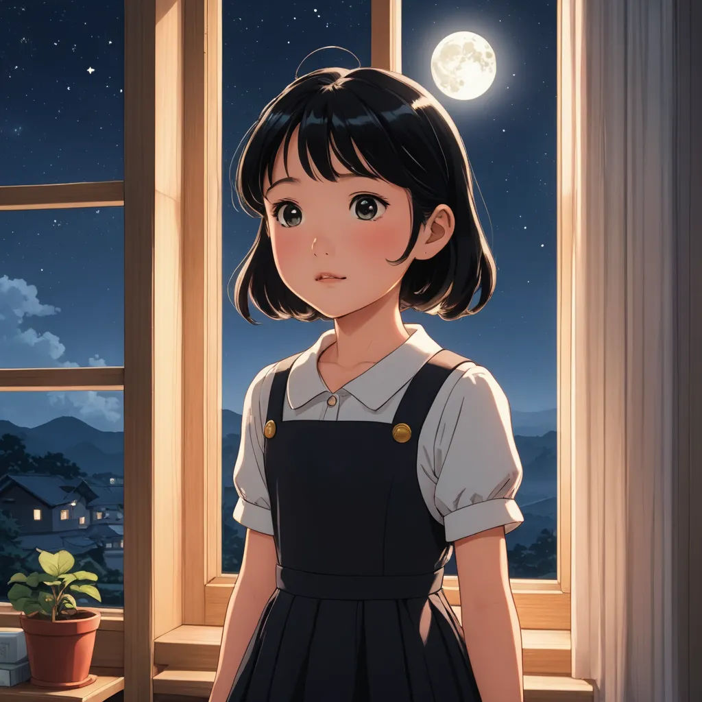 a girl standing in front of a window at night with a full moon in the background and a potted plant in the foreground, sots art, a painting, Ayako Rokkaku, moonlight