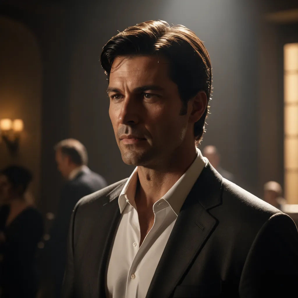 a man in a suit looks off into the distance while others stand in the background in a dimly lit room, mannerism, a character portrait, Dan Scott, j. c. leyendecker 8 k