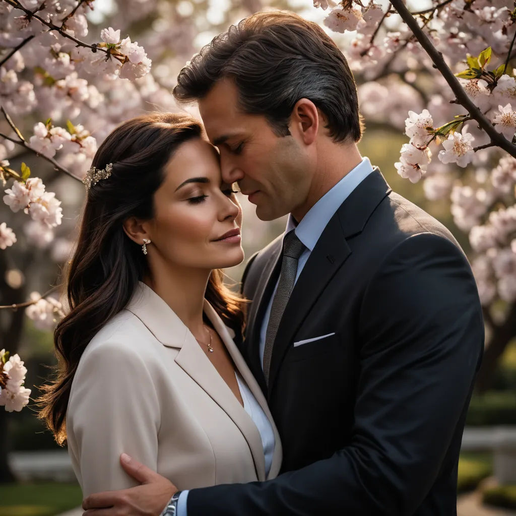 a man and woman embracing in front of a tree with pink flowers in bloom in a park setting with a man in a suit and tie, private press, a stock photo, David Garner, promotional image