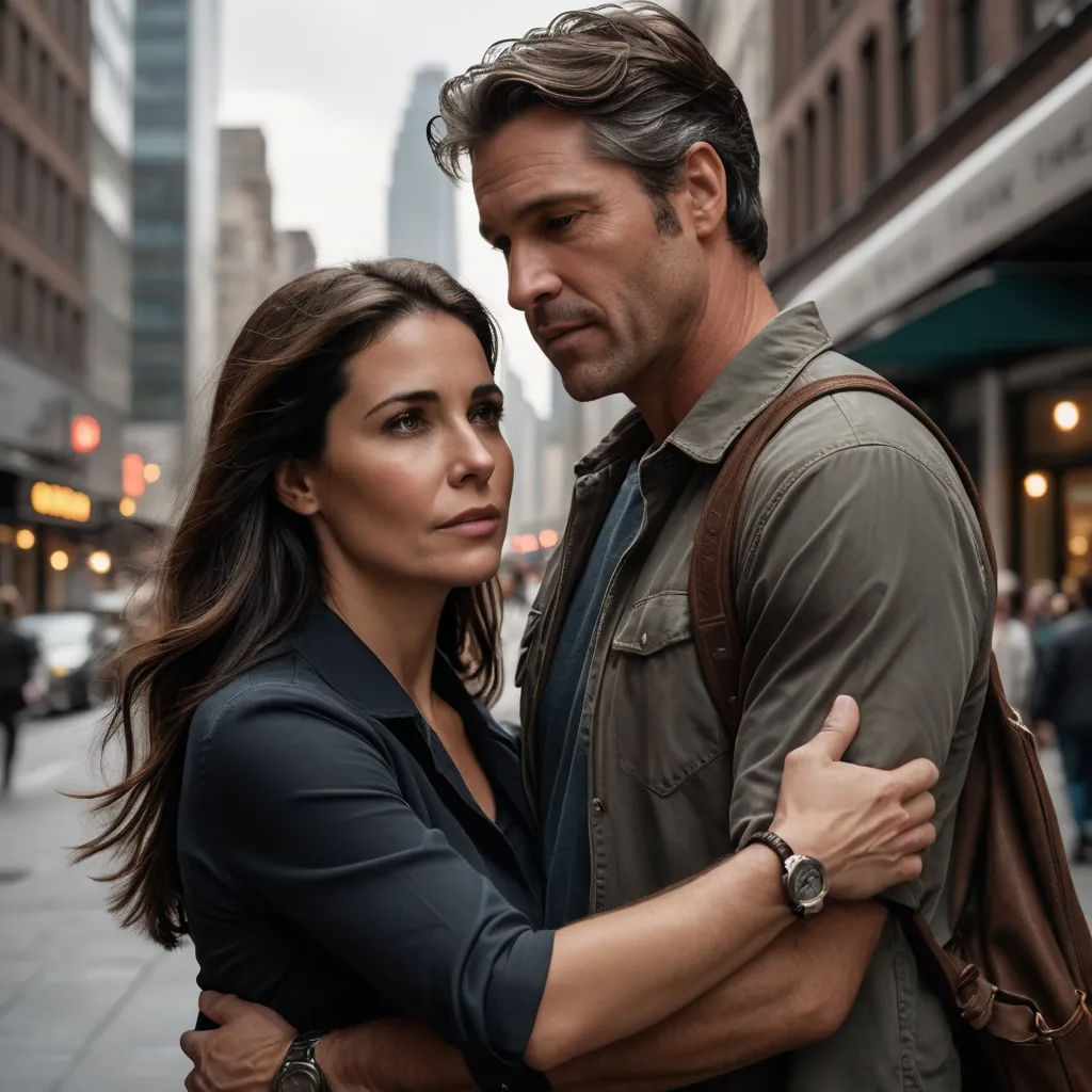 a man and a woman standing on a city street together, embracing and looking at the camera, with a city in the background, serial art, a poster, Chris Spollen, promotional image