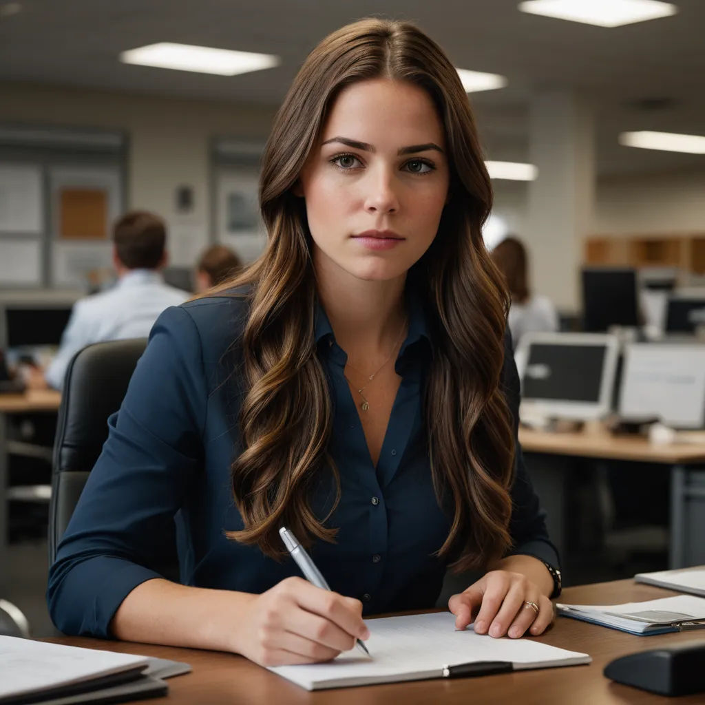 a woman sitting at a desk writing on a notepad with a pen in her hand and a laptop in the background, arbeitsrat für kunst, a stock photo, Barbara Greg, promotional image