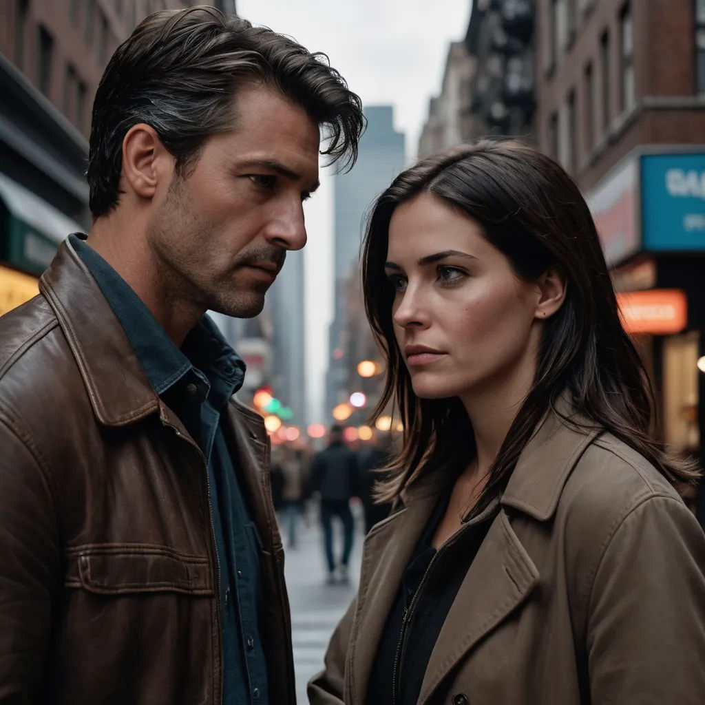 a man and a woman standing on a city street together, looking at something in the distance with a city in the background, serial art, a poster, Dan Scott, promotional image