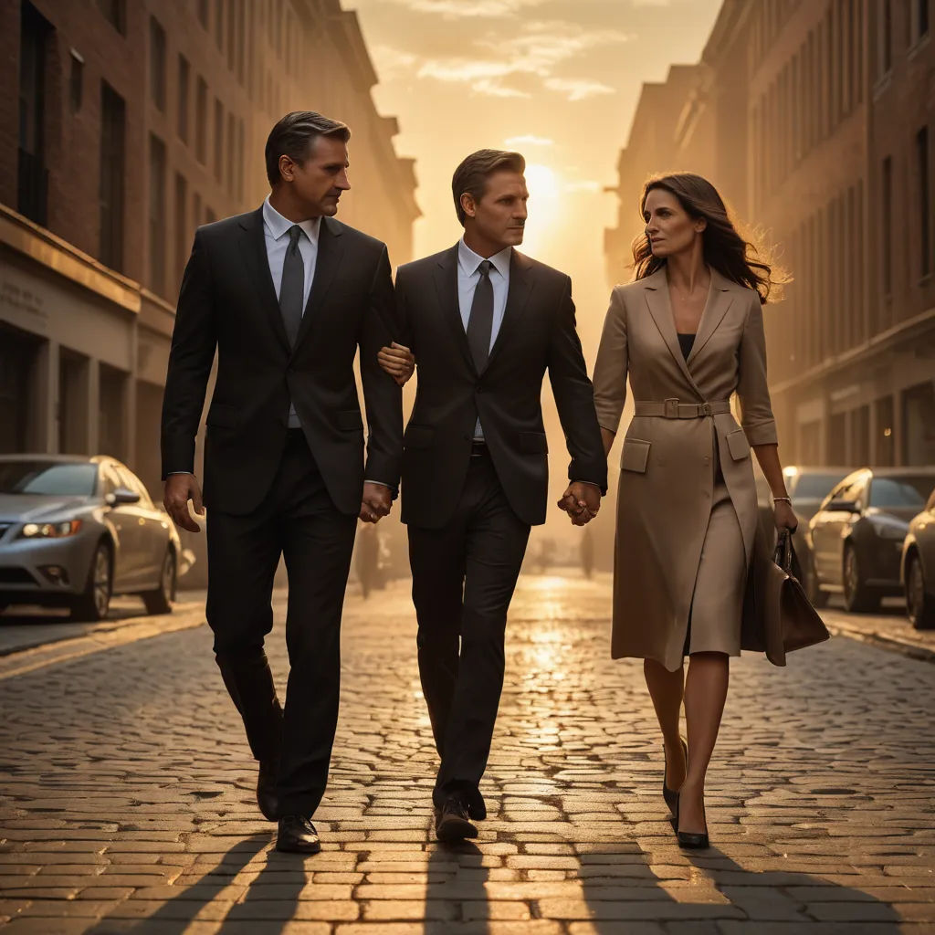 a man and a woman walking down a street holding hands and smiling at each other as the sun sets behind them, private press, a stock photo, Christian Hilfgott Brand, promotional image