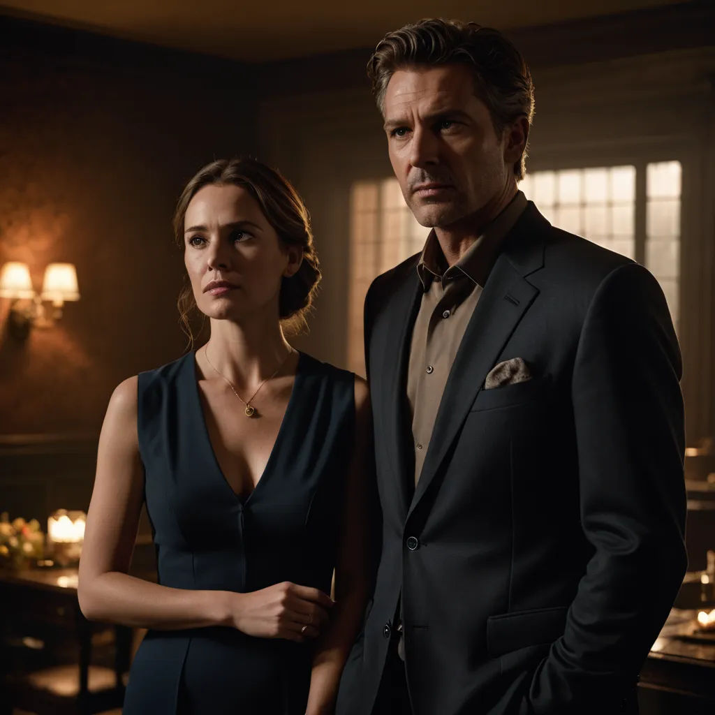 a man and a woman standing in a room together, one of them is wearing a suit and the other is a dress, international gothic, a character portrait, Derek Hill, promotional image