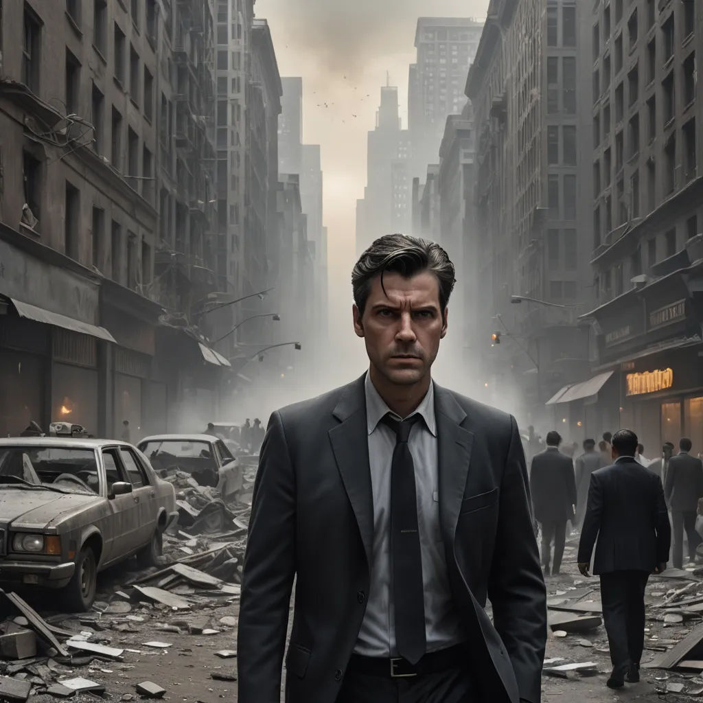 a man in a suit and tie walking through a city street with debris all over the ground and buildings, american realism, poster art, David Garner, promotional image