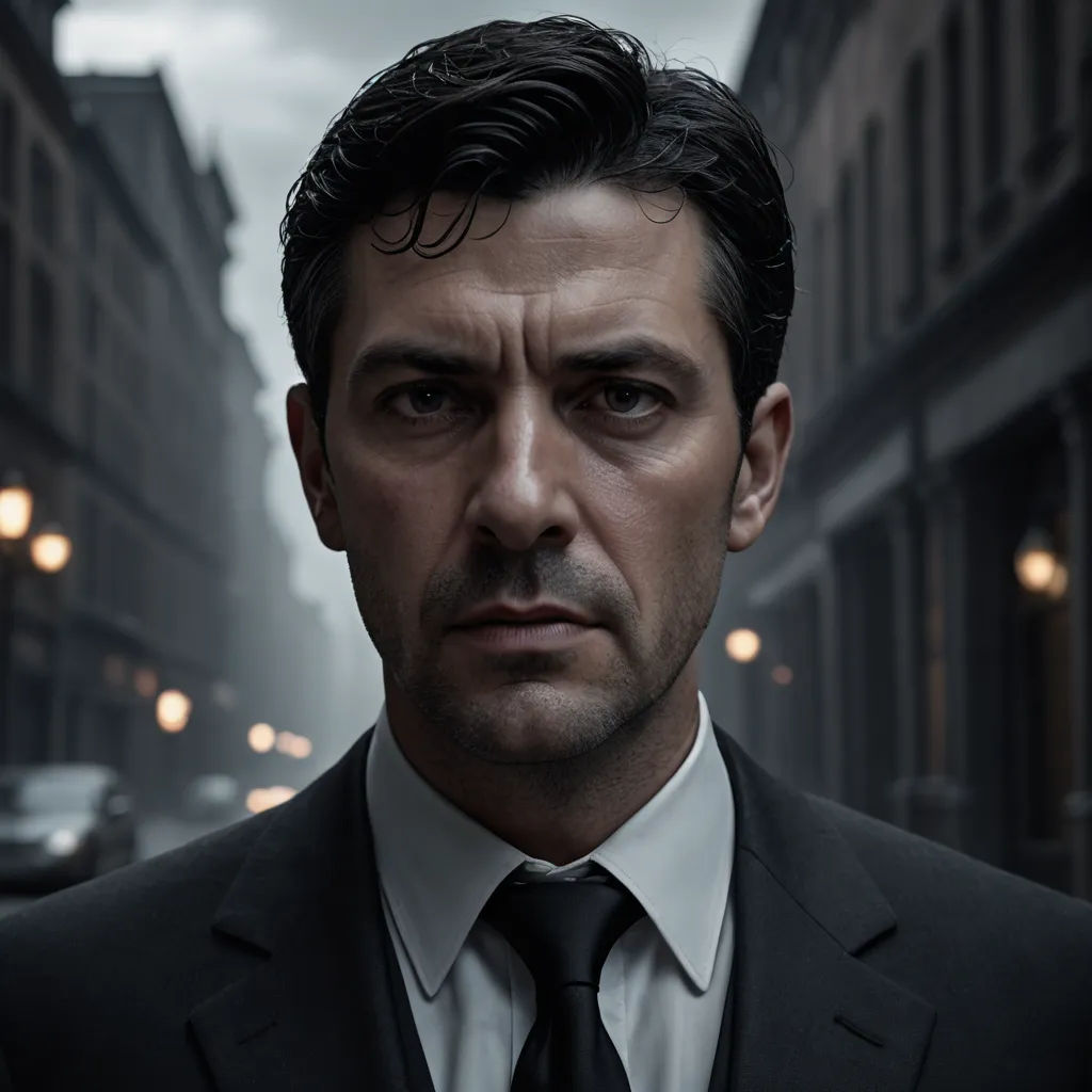 a man in a suit and tie standing in a street at night with a dark sky in the background, photorealism, a character portrait, Enrico Baj, promotional image