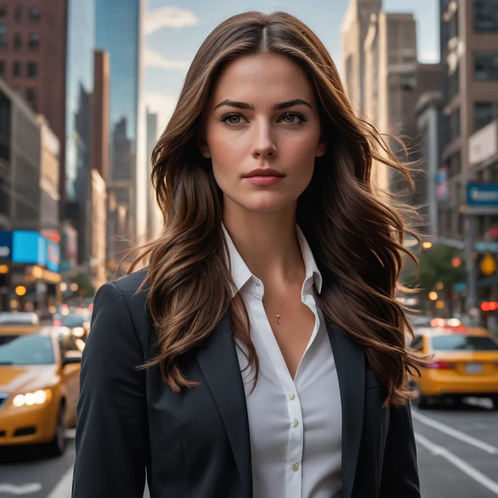 a woman in a suit standing in the middle of a street with taxi cabs in the background and a city street, photorealism, a stock photo, Dave Melvin, professional photo